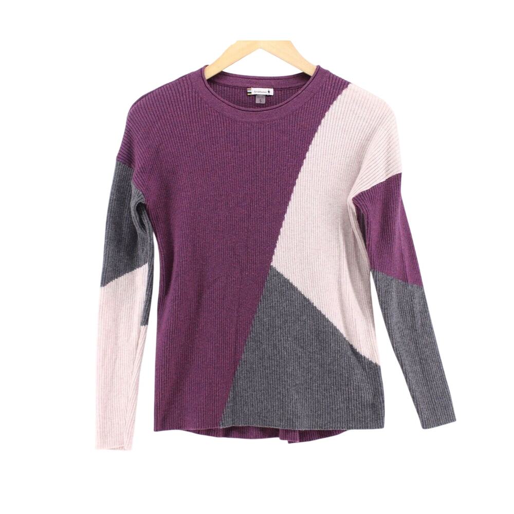 Smartwool Sweater Sz S Purple Colorblock Merino Wool Blend Ribbed Knit